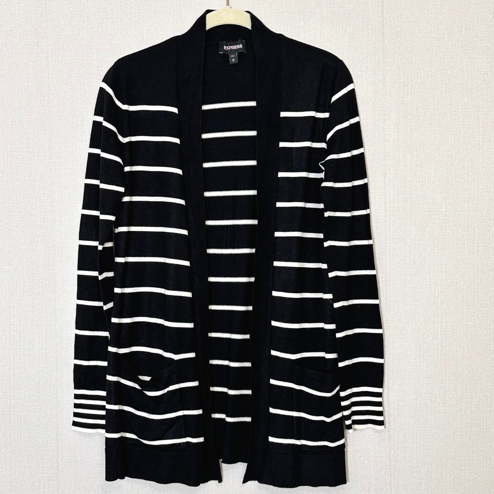 Express Womens Black White Striped Open Front Cardigan Sweater Size M Nautical